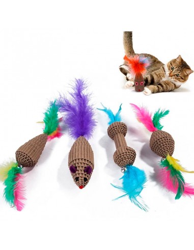  Juguete Cartón Corrugado con Plumas para Gatos - Juguetes Entretención para Gatos - Puppies House